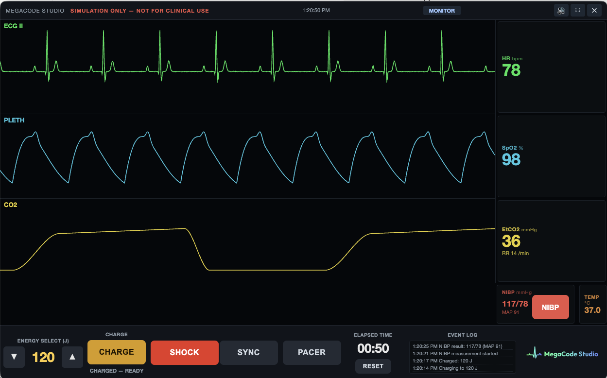 MegaCode Studio patient monitor screen